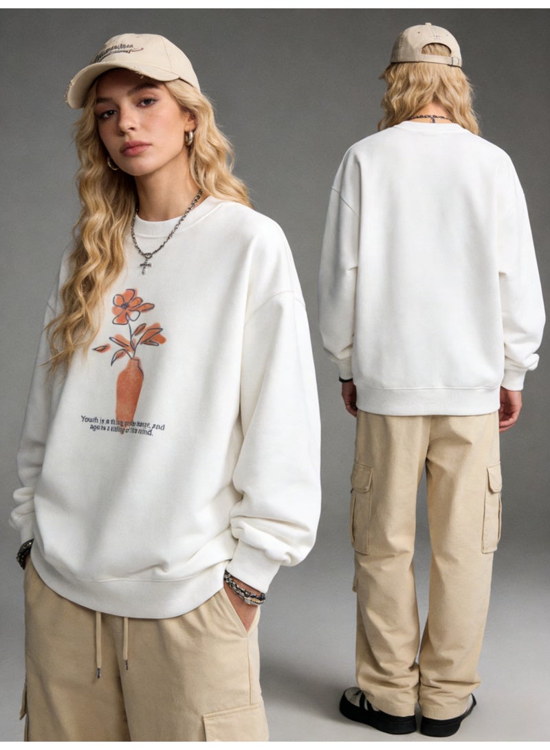 بيإم إنس BM INS Off-White "Vase & Floral" Watercolor Oversized Crew Neck Sweatshirt | Unisex Pullover With "Youth is a thing of the heart" Slogan - Image 1